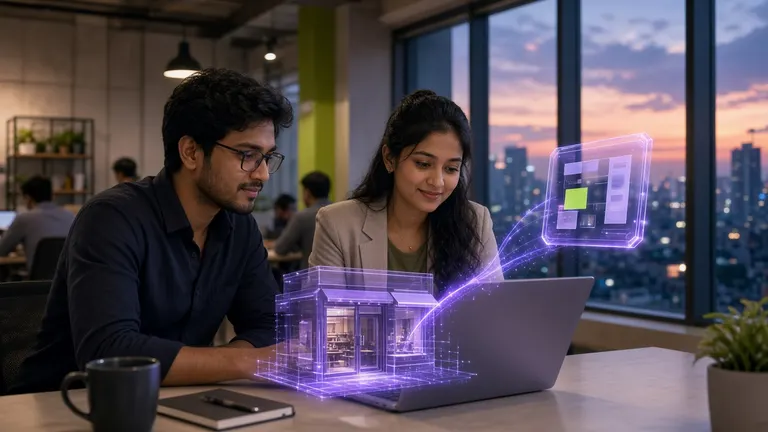 Founders in a workspace launching a shop from a laptop