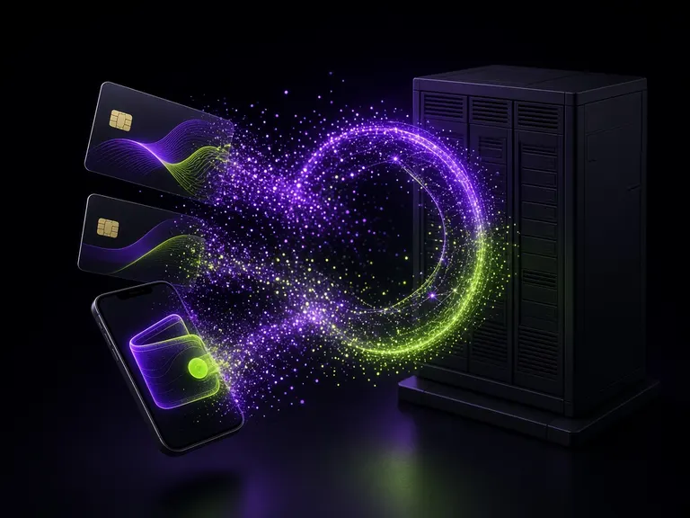 Payment cards dissolving into light before reaching a server